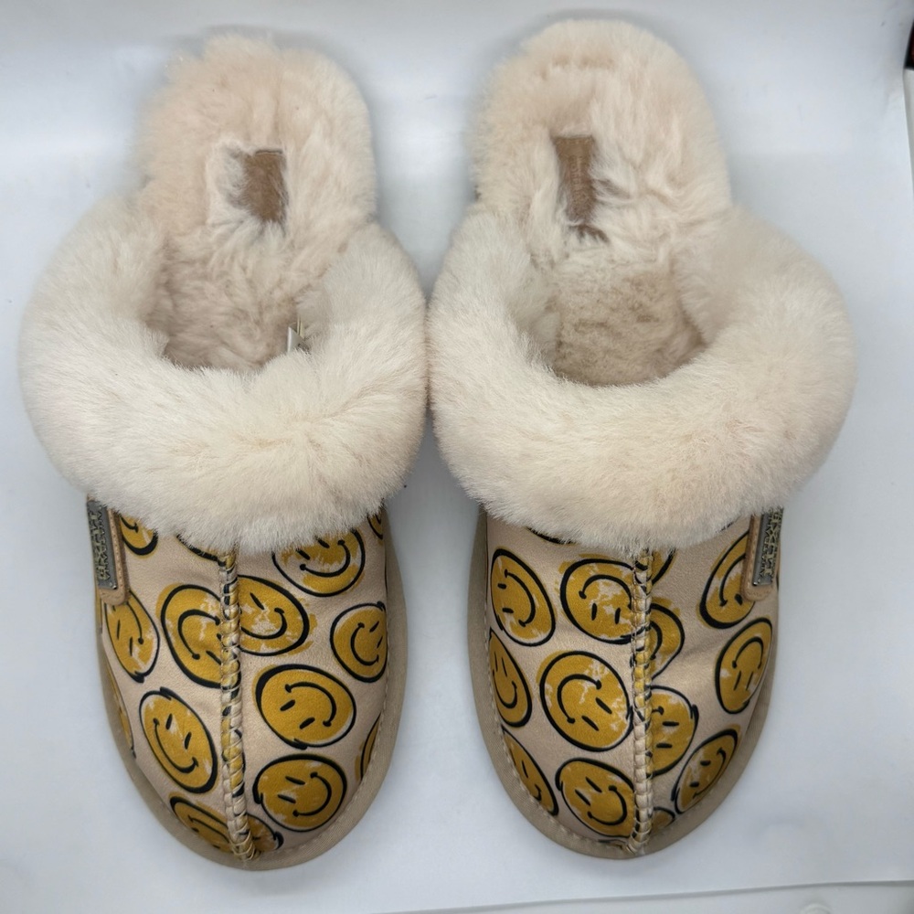Australia Luxe Collective Sheep Fur Happy Face Closed Toe Mule Leather Slippers - Picture 5 of 10